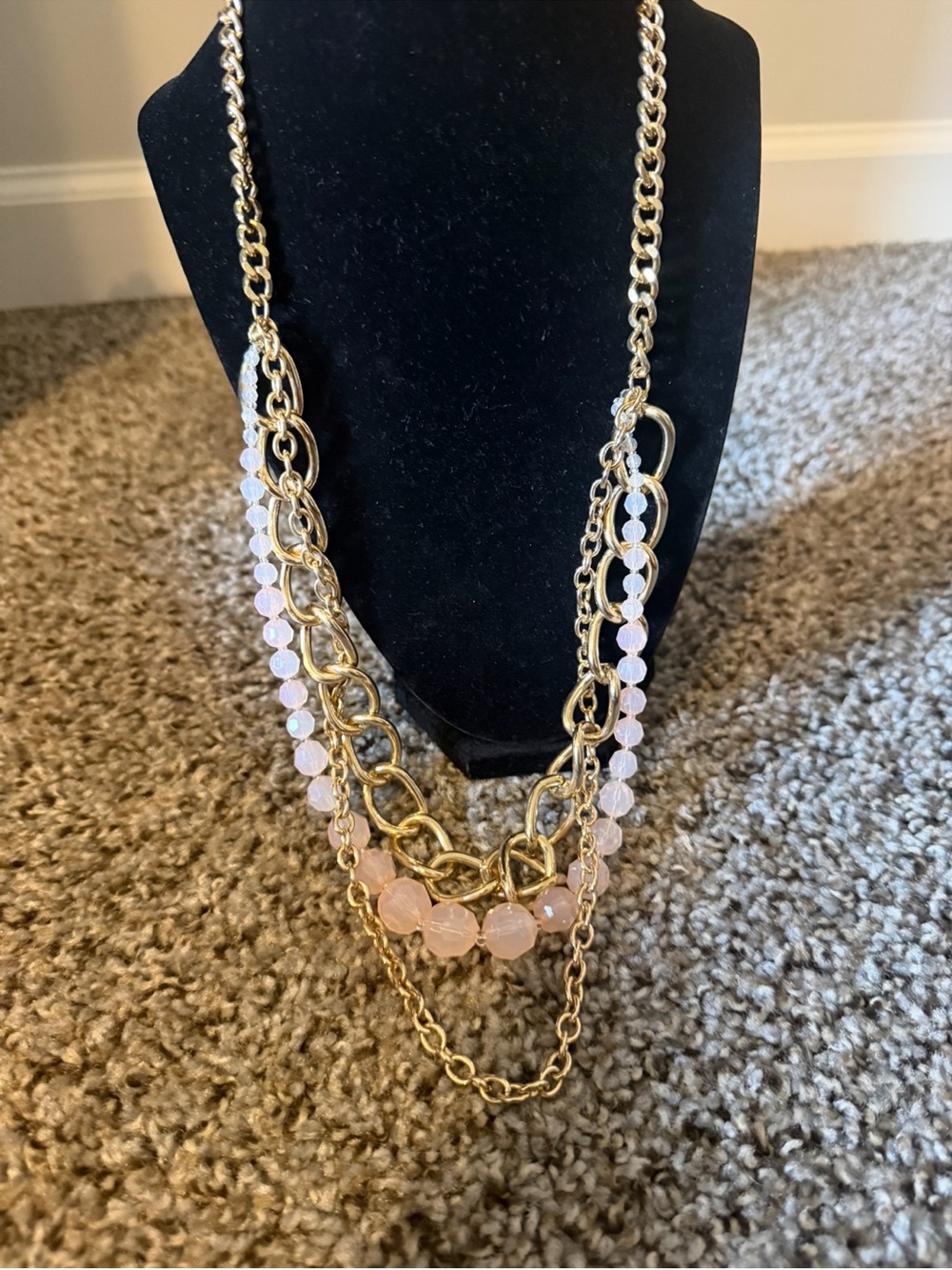 Gold Chain Layered Necklace with Pink Beads 12